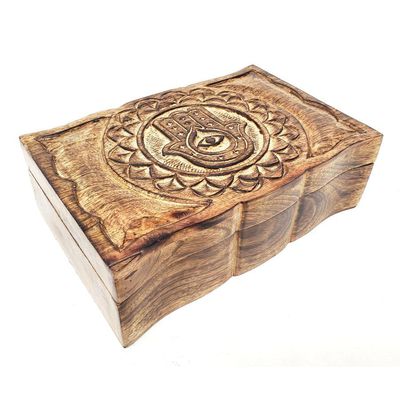 9&quot; x 6&quot; Carved Wood Box - Hamsa Hand Evil Eye, SKU MT13, UPC 700317304562