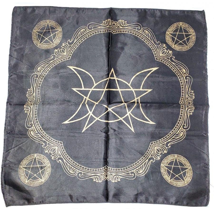21&quot; Satin Altar Cloth - Triple Moon Multi Pentagram on Black &amp; Gold, SKU SC103, UPC 700317031017