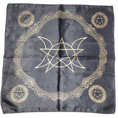 21&quot; Satin Altar Cloth - Triple Moon Multi Pentagram on Black &amp; Gold, SKU SC103, UPC 700317031017