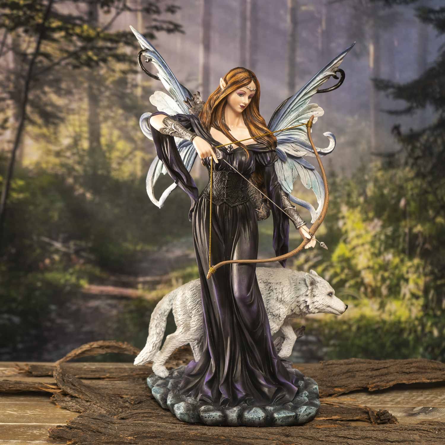 15.35&quot; Fairy Statue - Fairy Archer with White Wolf, SKU PG-15285, UPC 700317123446
