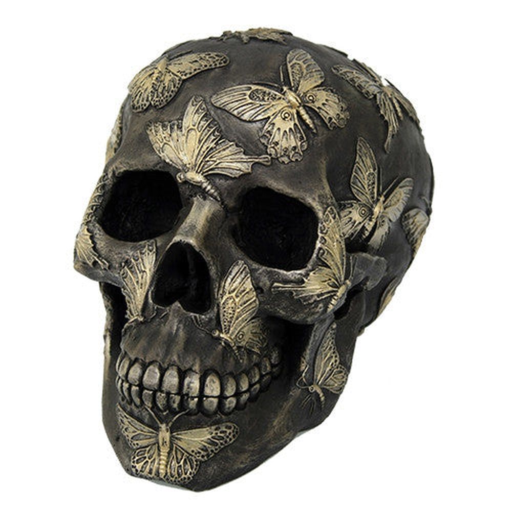 6.75&quot; Black and Gold Butterfly Skull Statue, SKU PG-11511, UPC 700317294122