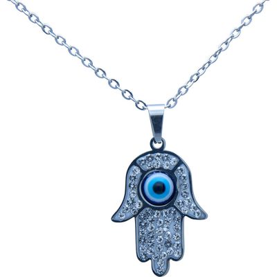 Evil Eye Protection Necklace - Fatima Hand with Gems - Silver, SKU KH-99439, UPC 700317066378