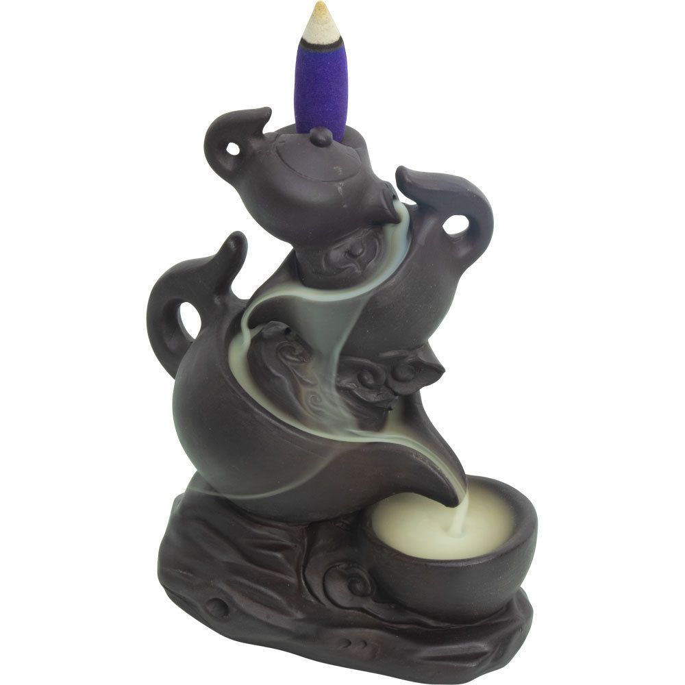 5.25&quot; Ceramic Backflow Incense Burner - Triple Tea Pots, SKU KH-89702, UPC 700317022794