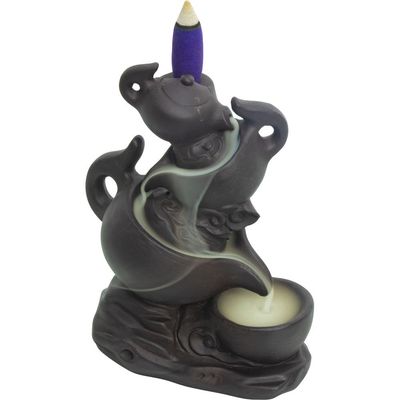 5.25&quot; Ceramic Backflow Incense Burner - Triple Tea Pots, SKU KH-89702, UPC 700317022794