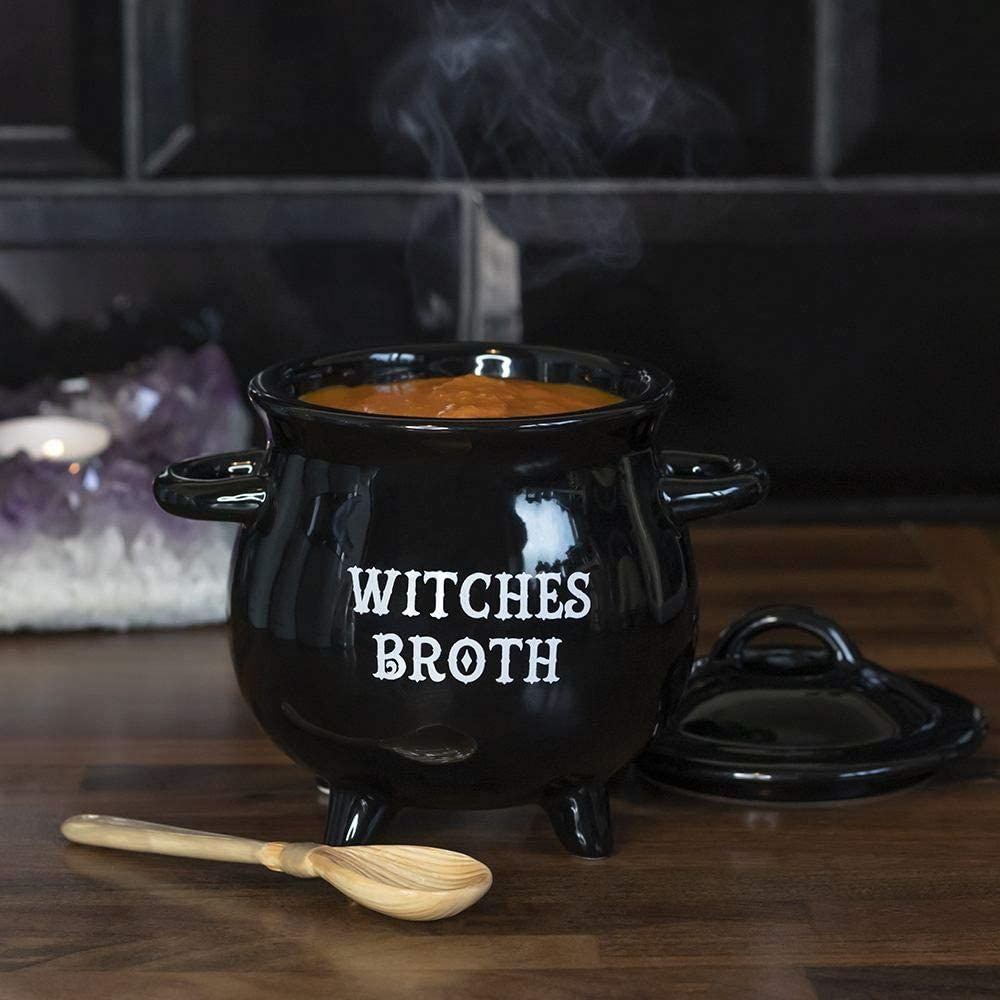 5.5&quot; Witches Broth Cauldron Ceramic Bowl with Broom Spoon, SKU PG-13847, UPC