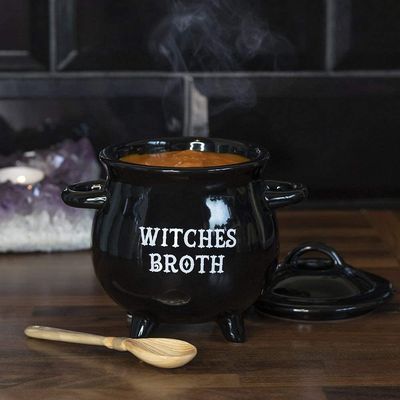 5.5&quot; Witches Broth Cauldron Ceramic Bowl with Broom Spoon, SKU PG-13847, UPC