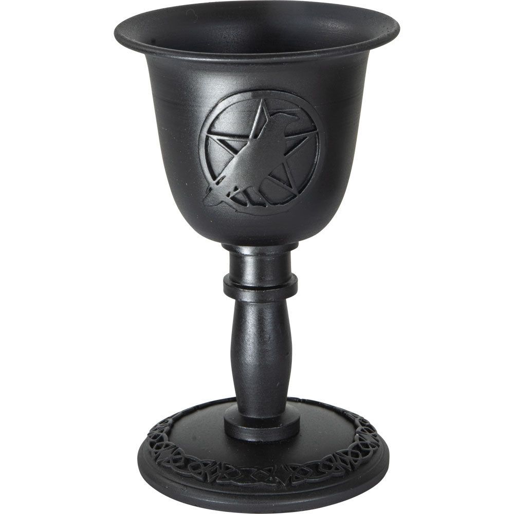 4.5&quot; Metal Chalice Taper Candle Holder - Raven with Pentacle, SKU KH-03663, UPC 700317248354