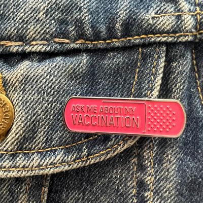 Ask Me About My Vaccination Bandaid Enamel Pin, SKU XZ4454-132, UPC 6016018440473