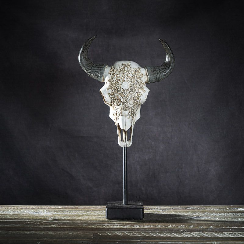 17.3&quot; Carved Animal Skull on Stand Statue, SKU PG-14242, UPC 700317072690