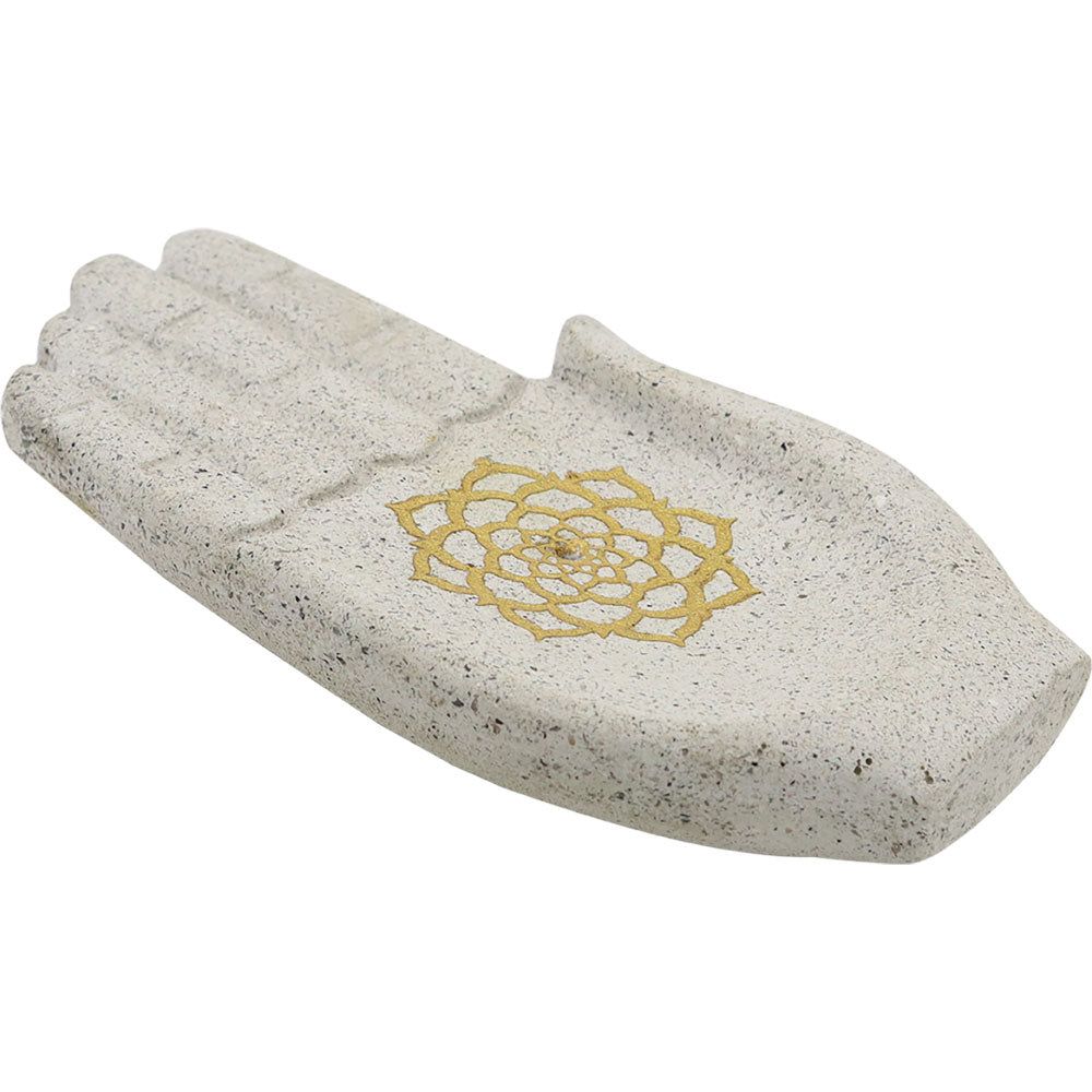 6&quot; Recycled Resin Stick Incense Holder - Hand with Gold Lotus, SKU KH-89716, UPC 700317109426