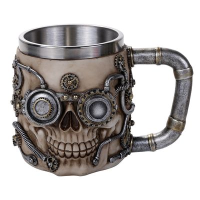 6&quot; Stainless Steel Resin Mug - Steampunk Skull, SKU PG-12513, UPC 700317044673