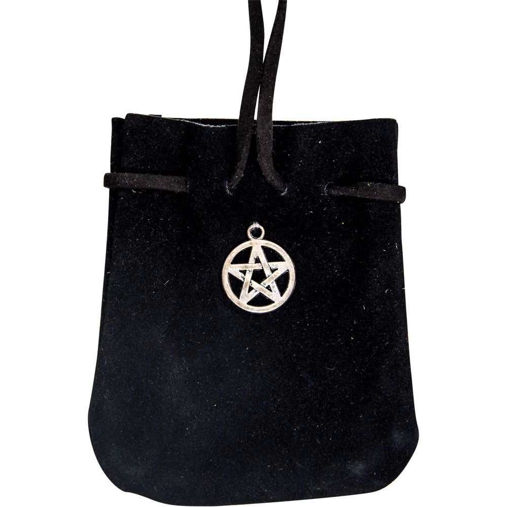 2.5&quot; x 3.5&quot; Suede Pouch Rounded with Strap - Black Pentacle, SKU KH-60161, UPC 700317246244
