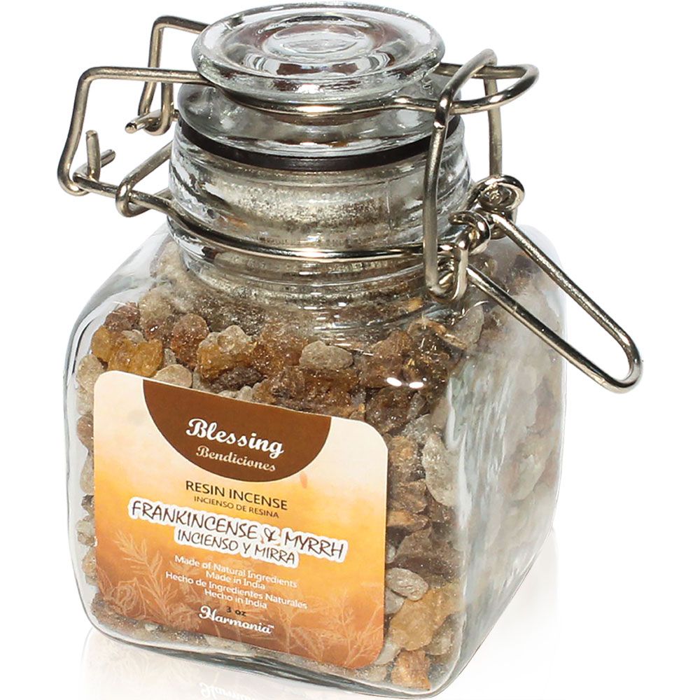 3 oz Harmonia Resin Incense Glass Jar - Frankincense &amp; Myrrh - Blessing, SKU KH-73353, UPC 70031712…