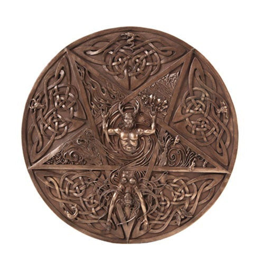 11.75&quot; Horned God &amp; Goddess Element Wall Plaque Statue in Bronze, SKU PG-10725, UPC