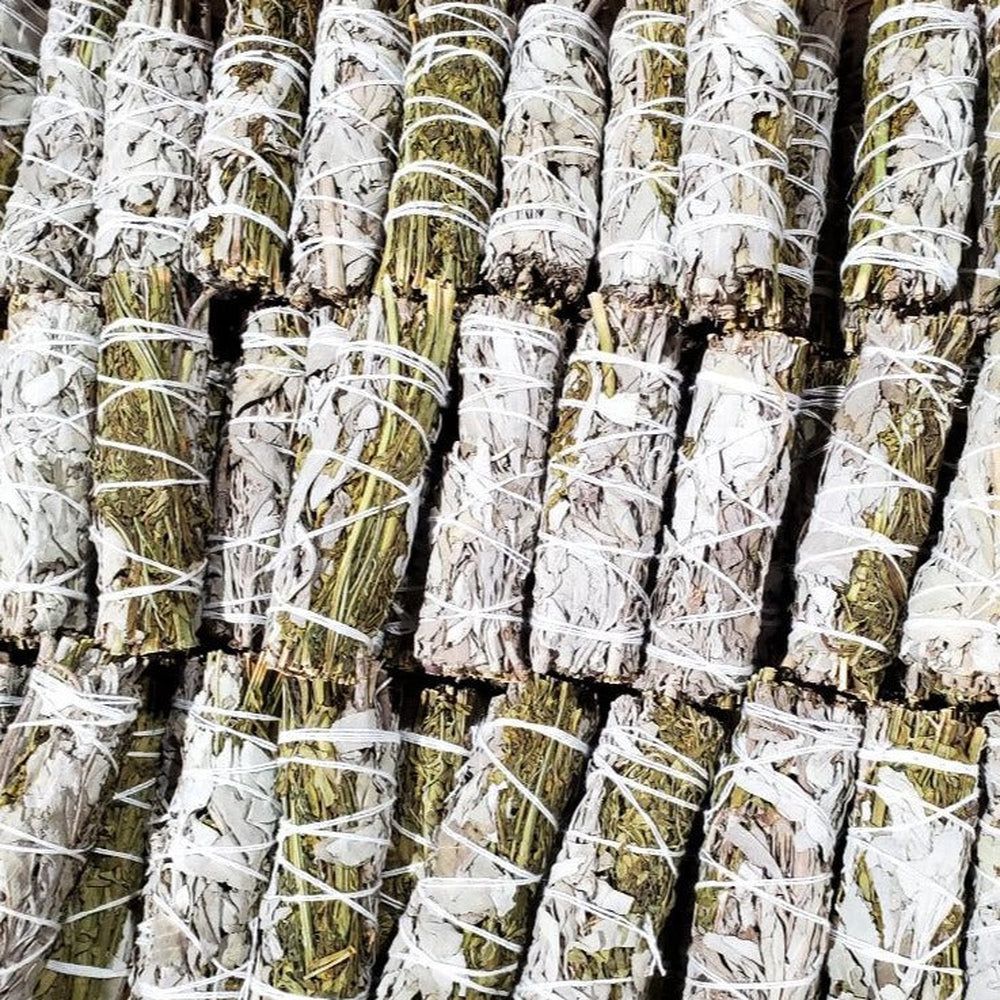 4&quot; White Sage &amp; Rue Smudge Stick, SKU A05-MS1-Rue, UPC 700317252887