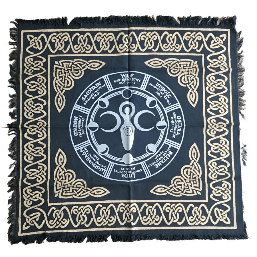 24&quot; Satin Altar Cloth - Goddess Wicca Calendar on Black &amp; Gold, SKU SC99, UPC 6016031594511
