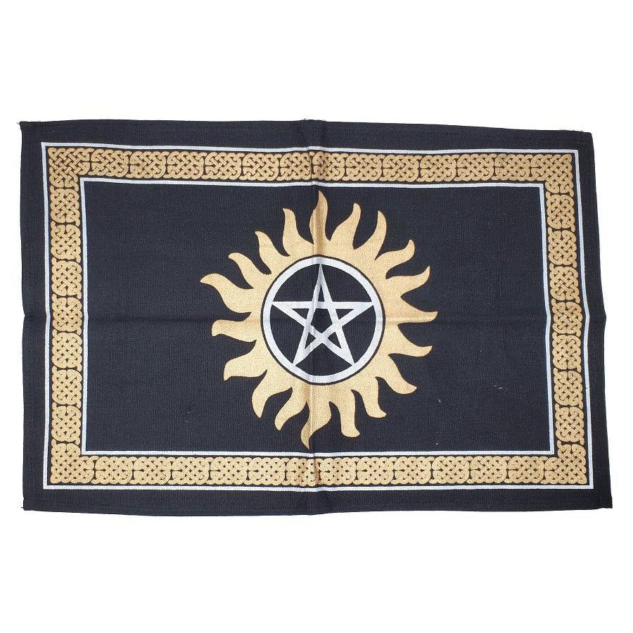 13&quot; x 19&quot; Satin Altar Cloth - Black Pentagram on Gold &amp; Silver, SKU DM-02, UPC 700317031031