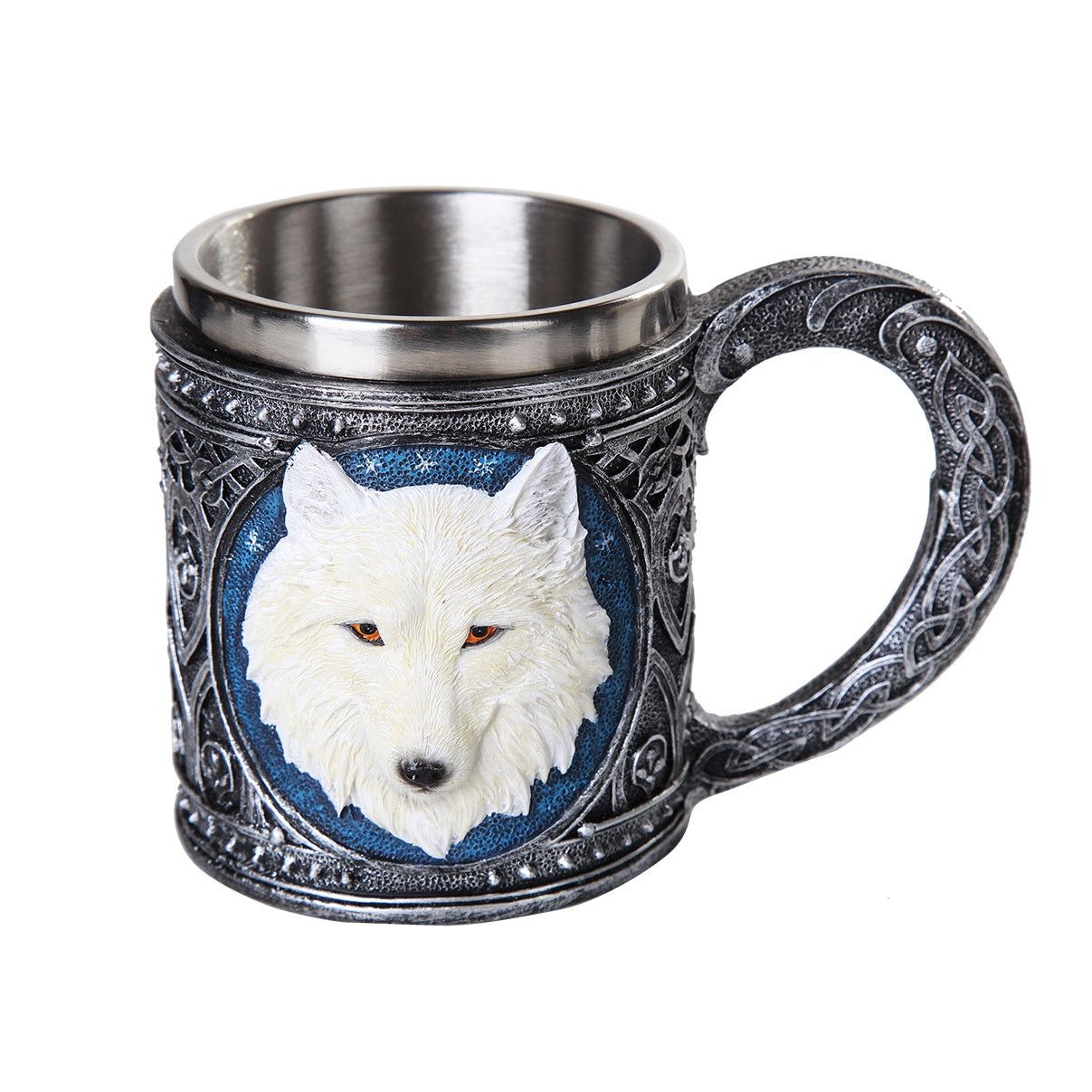6&quot; Stainless Steel Resin Mug - White Wolf, SKU PG-12306, UPC 700317045489