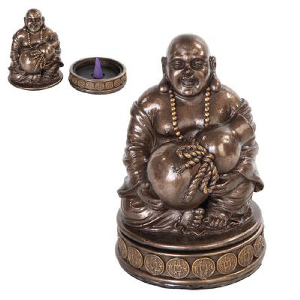 4.5&quot; Lucky Buddha Bronze Cone Incense Burner, SKU PG-10522, UPC 700317047049