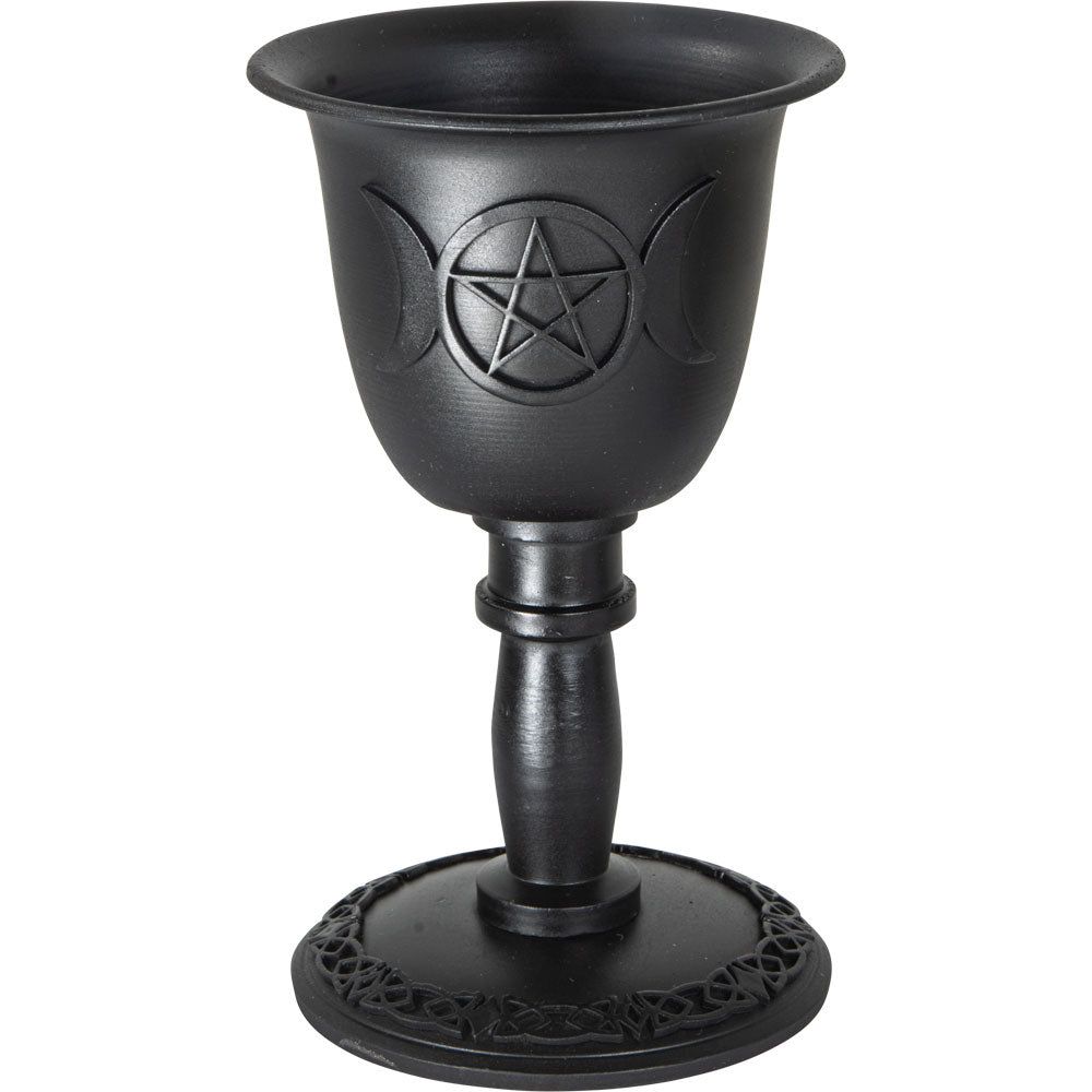 4.5&quot; Metal Chalice Taper Candle Holder - Triple Moon with Pentacle, SKU KH-03665, UPC 700317248378