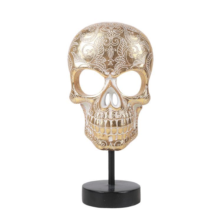11.5&quot; Day of the Dead Statue - Gold Sugar Skull, SKU PG-13749, UPC 700317038399