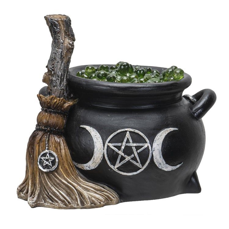 5.7&quot; Triple Moon Cauldron with Broom (LED Light), SKU PG-14300, UPC