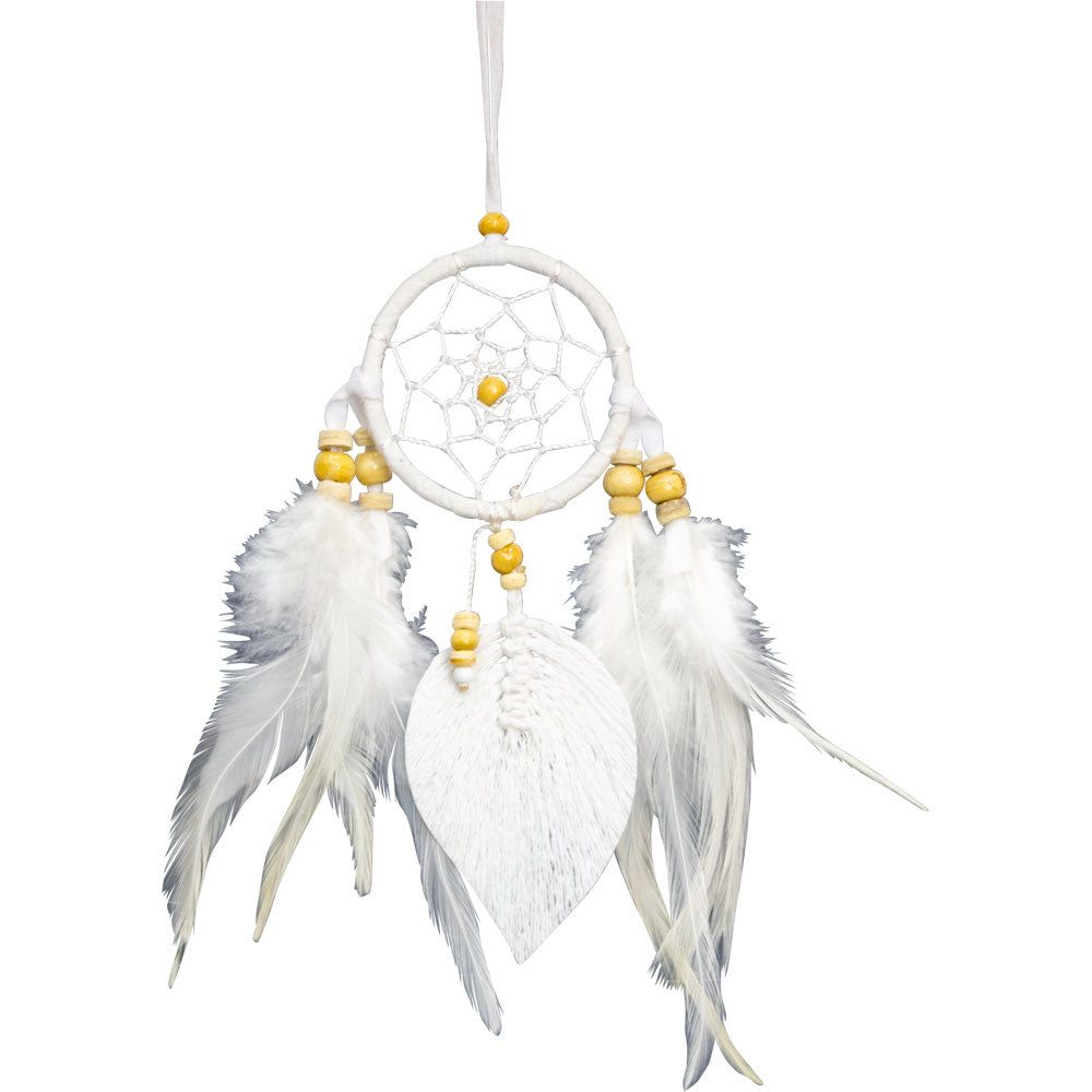 10&quot; Dream Catcher -  White Macrame Leaf with Wooden Beads, SKU KH-30266, UPC 700317121886