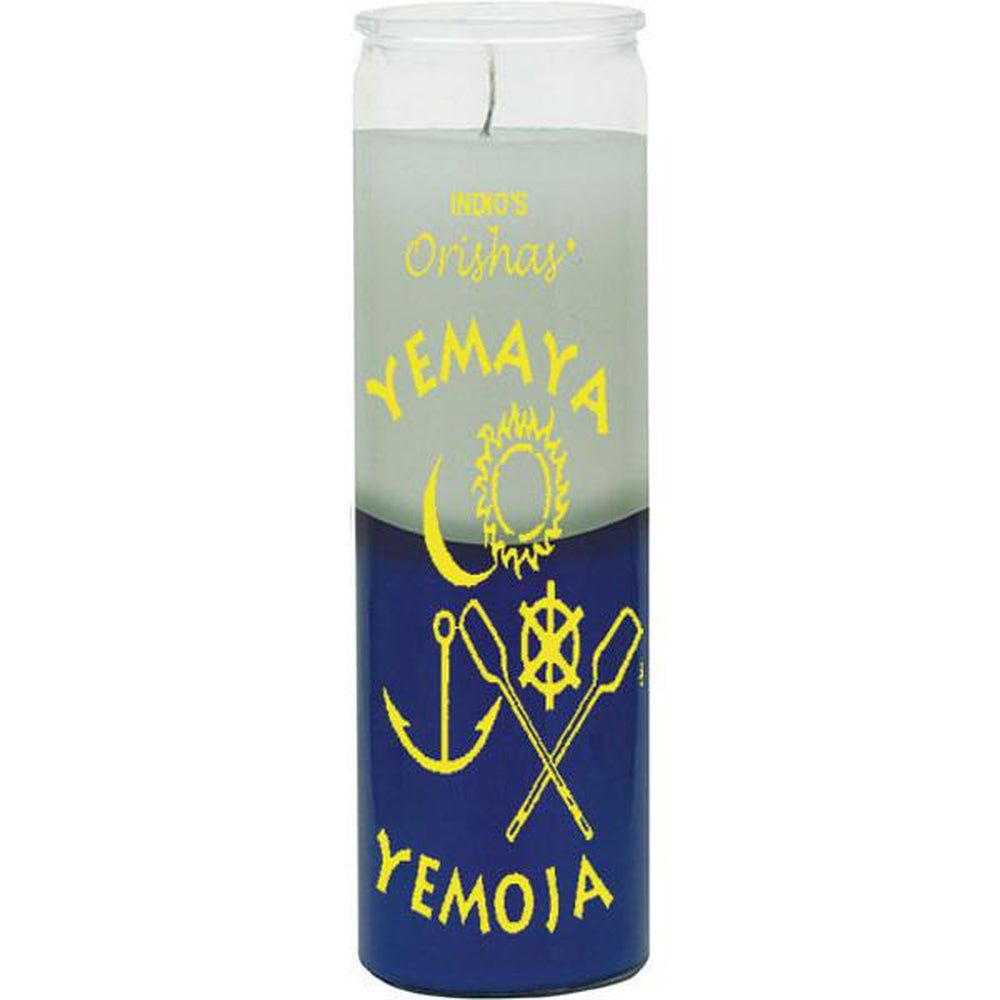 7 Day Glass Candle 2 Color Orishas Yemaya - White / Blue, SKU WP-044-988, UPC 6016006073034