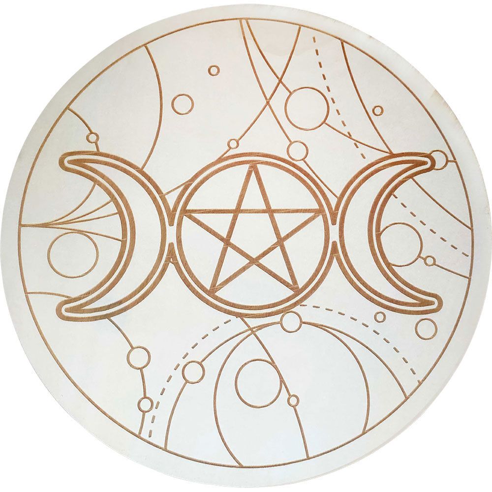 12&quot; Wood Crystal Grid - Triple Moon with Pentacle, SKU KH-15185, UPC 700317121541