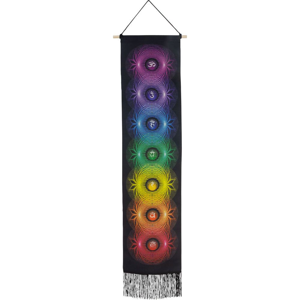 50&quot; Linen Banner with Fringe - Lotus Chakras - Black, SKU KH-57651, UPC 700317128267