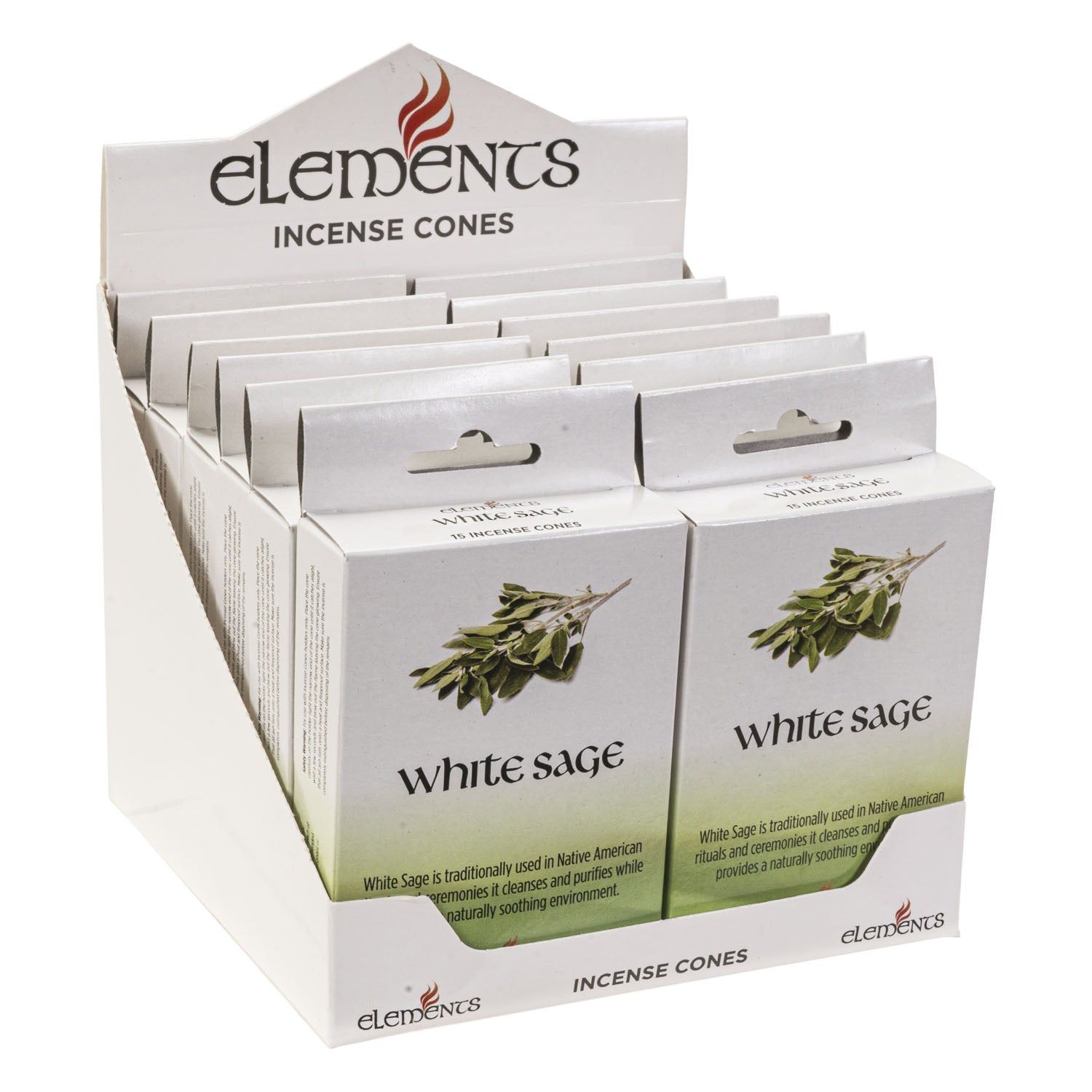 Elements Incense Cones Display - White Sage (12 Packs of 15 Cones), SKU PG-14451, UPC 700317246923