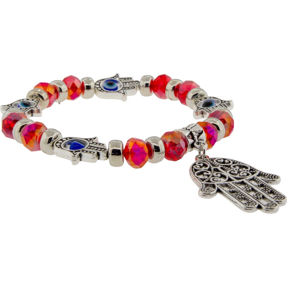 8 mm Elastic Bracelet - Evil Eye Protection - Red with Fatima Hand, SKU KH-98829, UPC 700317068235
