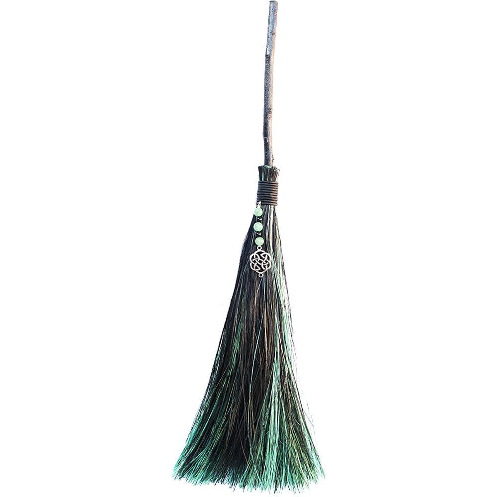 18&quot; Wicca Besom - Green/ Black - Celtic Knot with Green Aventurine, SKU KH-27349, UPC 700317125594