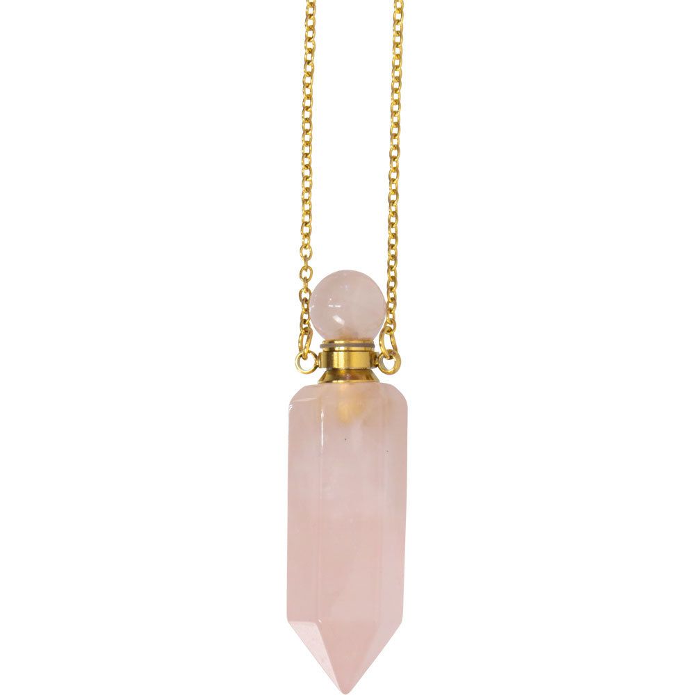 1.75&quot; Gemstone Point Pendant Perfume Bottle Necklace - Rose Quartz, SKU KH-99074, UPC 700317069416