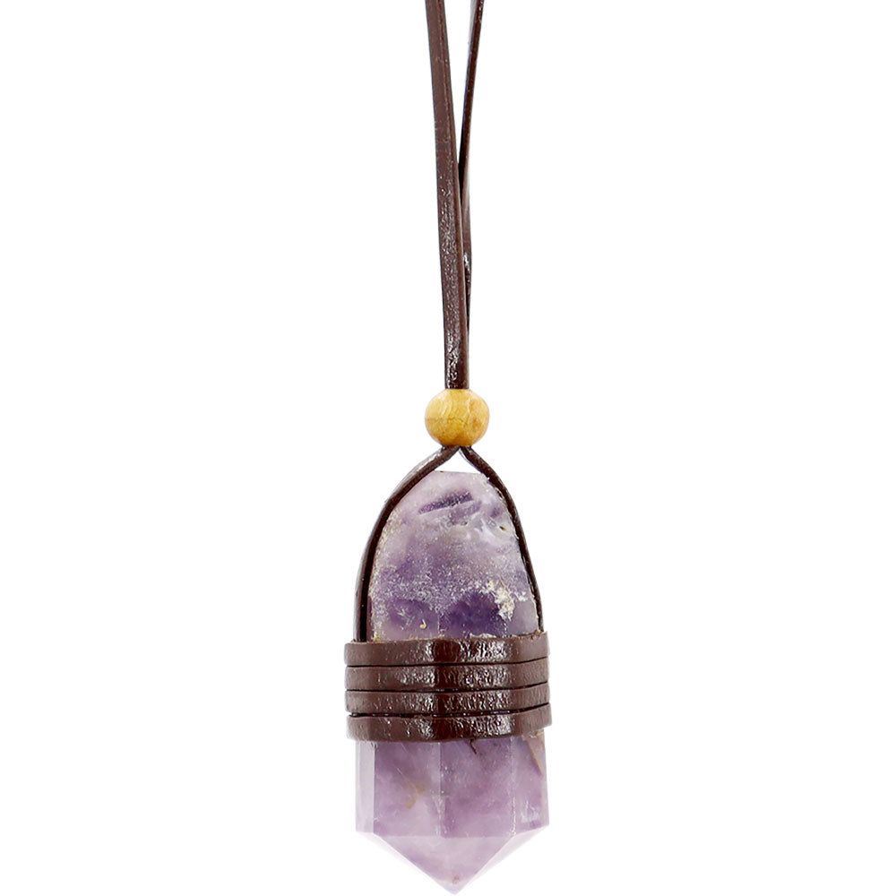Faceted Point Leather Wrapped Necklace - Amethyst, SKU KH-99427-1, UPC 700317124917