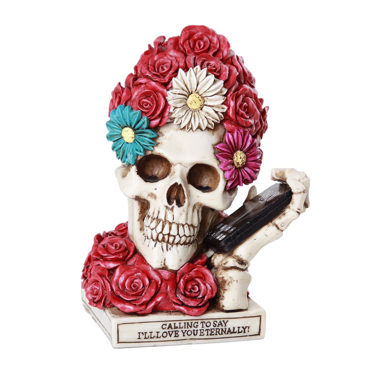 6&quot; Floral Rose Love Skull with Phone Statue, SKU PG-12135, UPC 700317071969