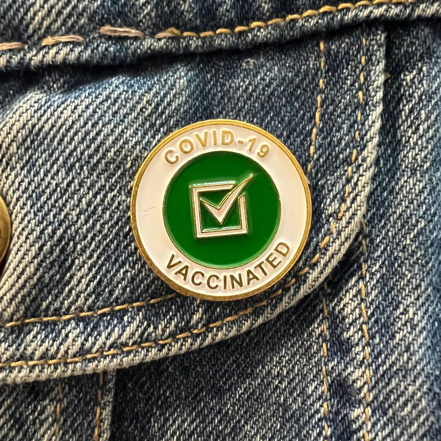 COVID-19 Vaccinated White &amp; Gold Enamel Pin, SKU Pin-158, UPC 700317123224