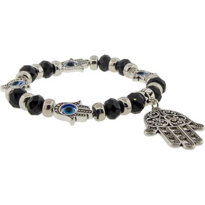 8 mm Elastic Bracelet - Evil Eye Protection - Black with Fatima Hand, SKU KH-98832, UPC 700317068242