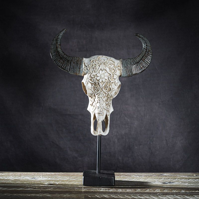 17.3&quot; Carved Cow Skull on Stand Statue, SKU PG-14240, UPC 700317072683