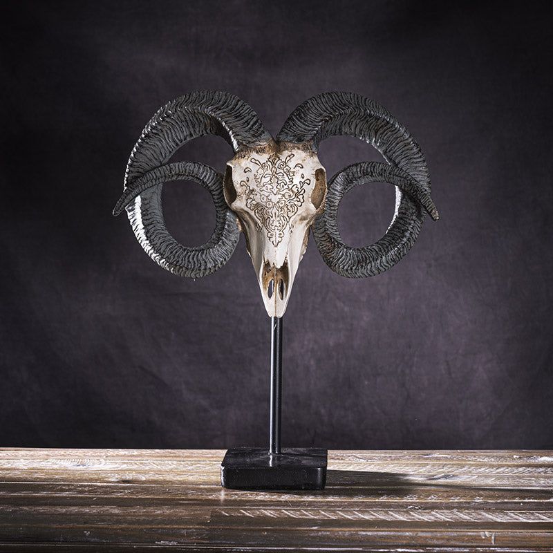 18.5&quot; Carved Ram Skull on Stand Statue, SKU PG-14243, UPC 700317072706