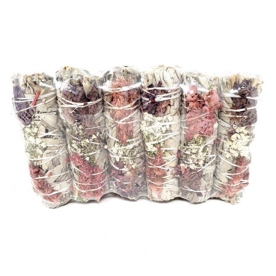 4&quot; Pink, Purple Lavender Flowers &amp; White Sage Smudge Stick, SKU N02-30-MS1-N38, UPC 700317031727
