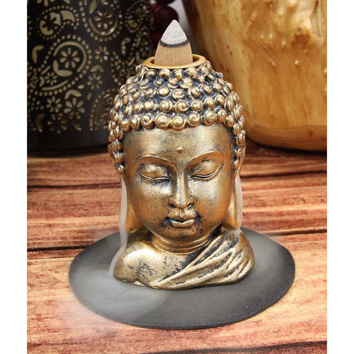 3.5&quot; Bronze Buddha Head Backflow Incense Burner, SKU PG-13283, UPC 700317047353