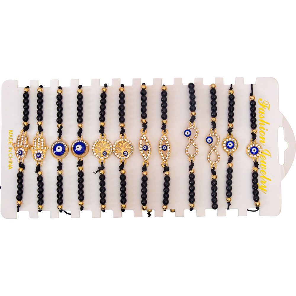 Evil Eye with Gems Adjustable Bracelets - Black &amp; Gold (Assorted Pack of 12), SKU KH-98838, UPC 700…