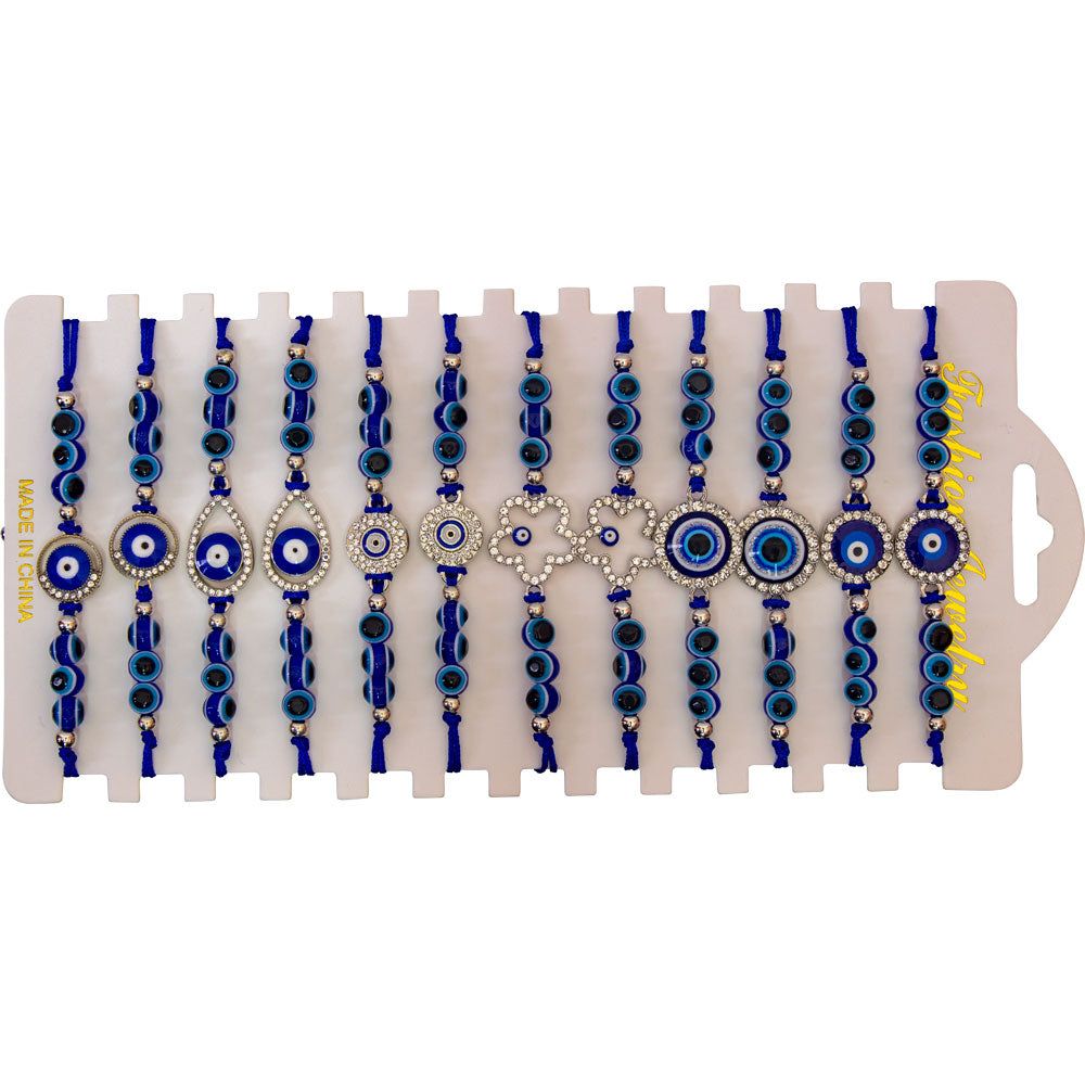 Evil Eye with Gems Adjustable Bracelets - Blue with Beads (Assorted Pack of 12), SKU KH-98835, UPC …