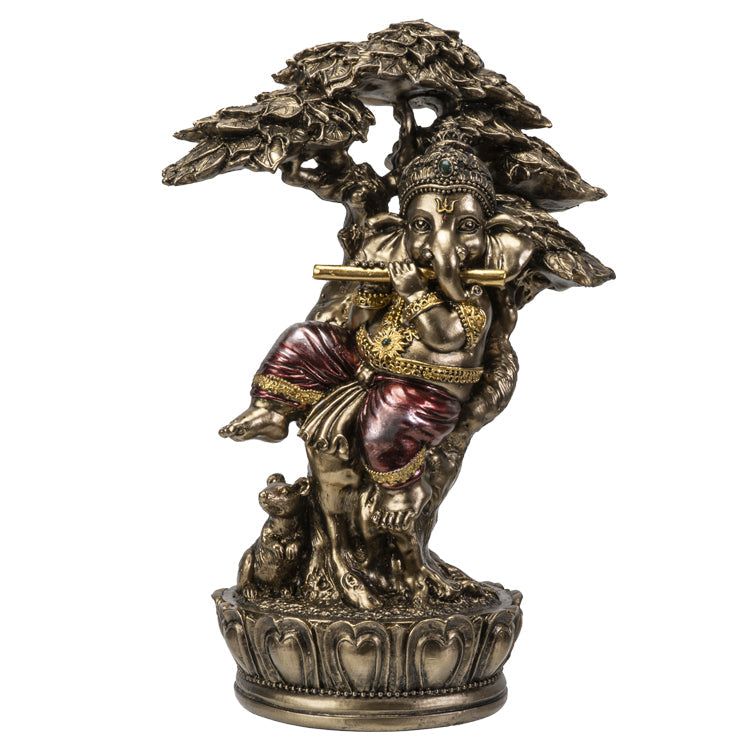 9&quot; Hindu Statue - Ganesha Playing Music Under Tree, SKU PG-14719, UPC 700317054023