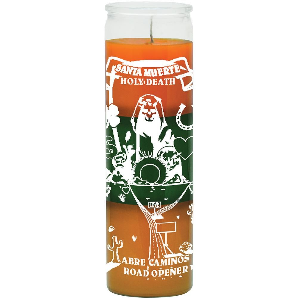 7 Day Glass Candle 3 Color Holy Death / Road Opener - Orange / Green / Gold, SKU WP-577-457, UPC 60…