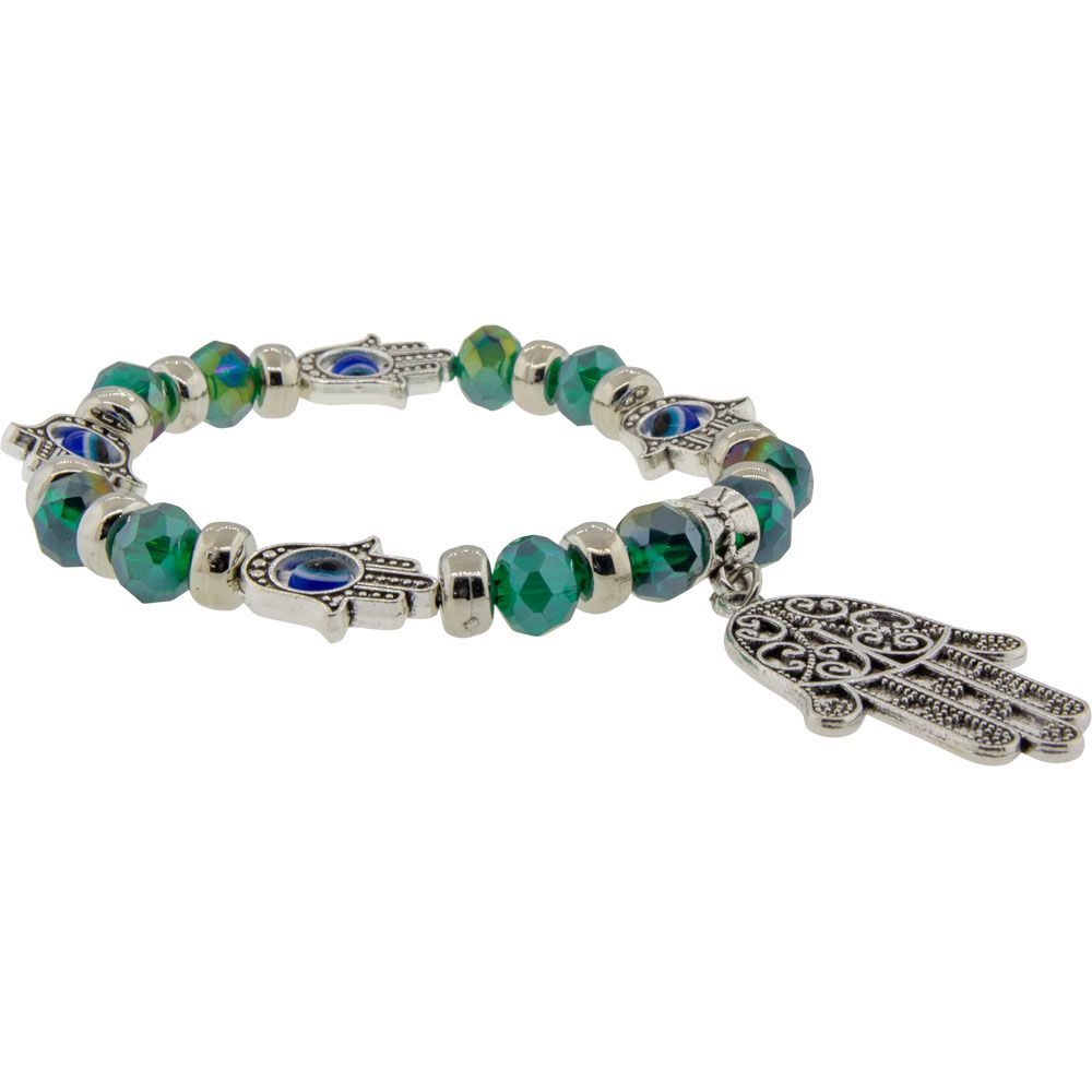 8 mm Elastic Bracelet - Evil Eye Protection - Green with Fatima Hand, SKU KH-98833, UPC 700317068297