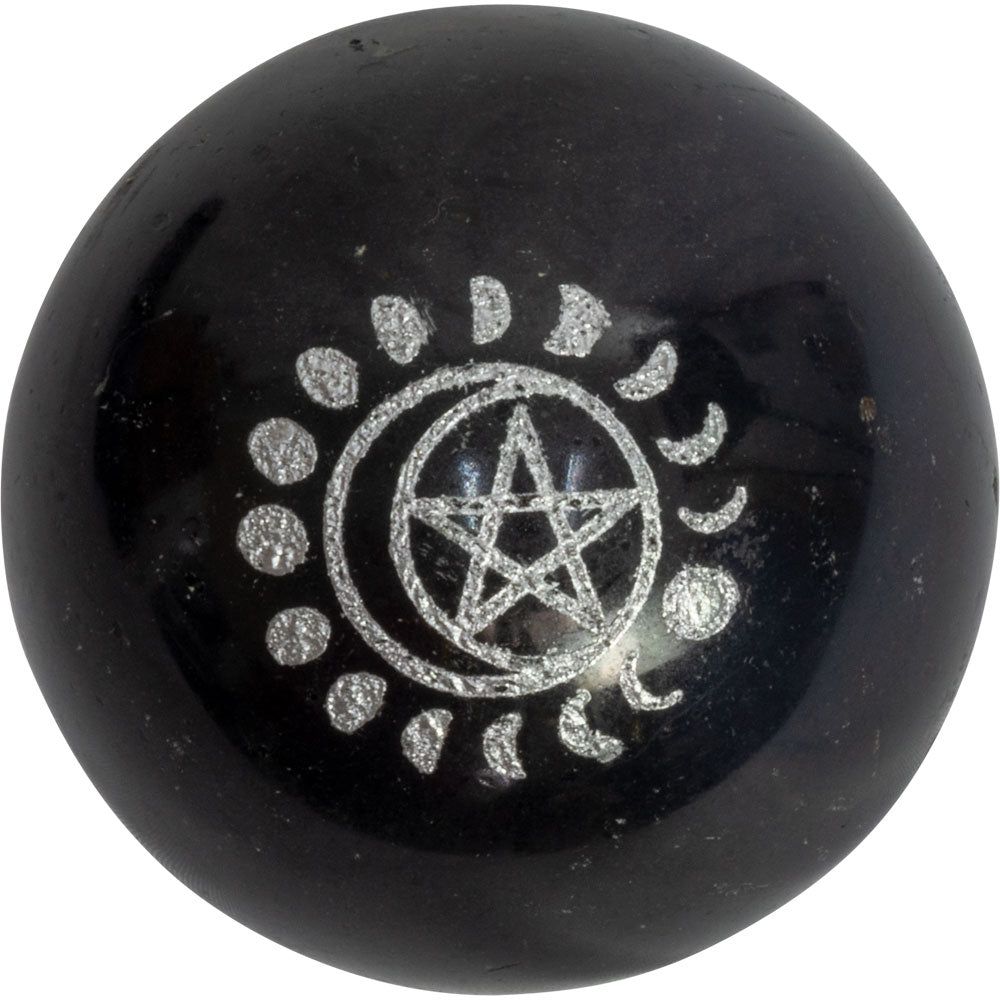 Black Tourmaline Sphere - Moon Phase with Pentacle, SKU KH-17706, UPC 700317125143
