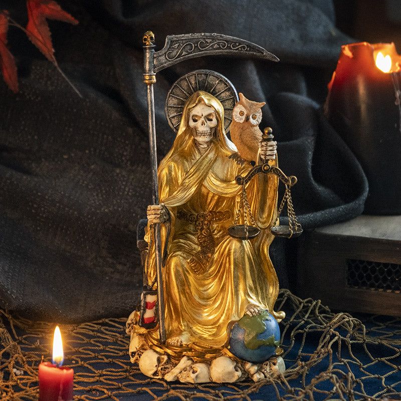 9&quot; Santa Muerte Sitting Gold Statue, SKU PG-15249, UPC 700317295259
