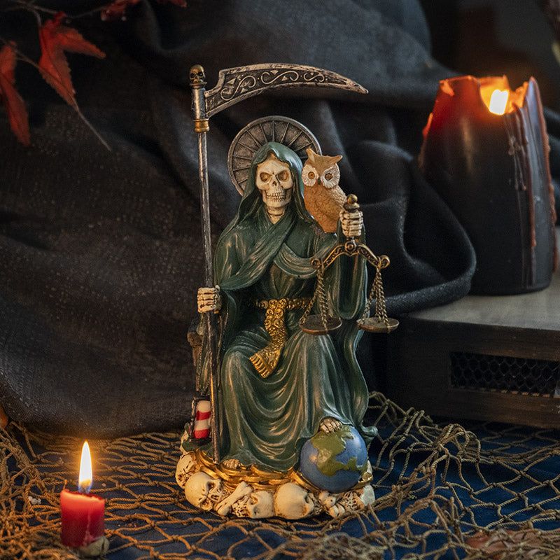 9&quot; Santa Muerte Sitting Green Statue, SKU PG-15248, UPC 700317246008